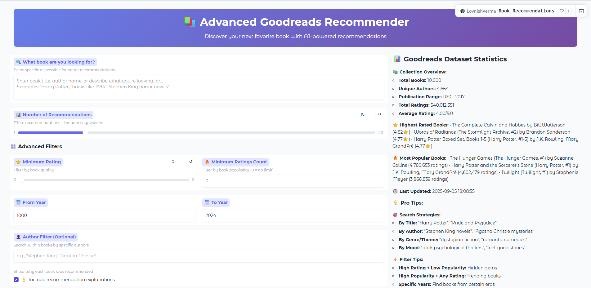 Book recommender Interface Screenshot